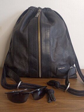 Y2K DIESEL Only the Brave Black Leather Drawstring Backpack Unisex *Very Rare*
